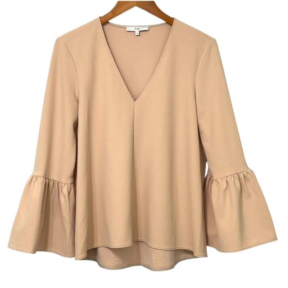 Tibi V-Neck Blouse Long Bell Sleeves Neutral Beige Crepe Modern Top Flowy Size S - Picture 8 of 8